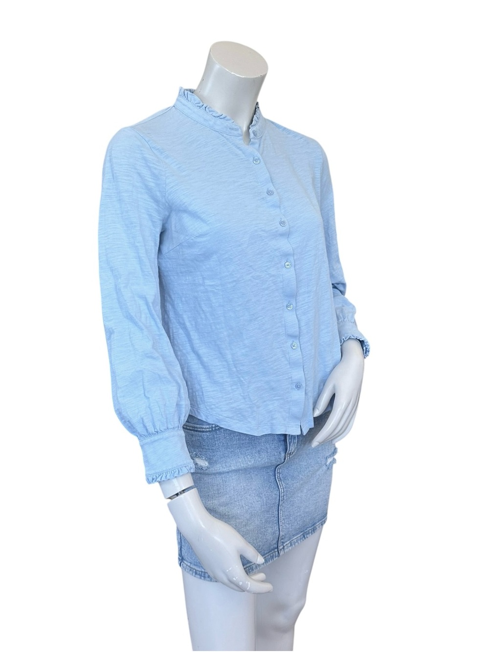 Boden Sky Blue Ruffle Trim Neckline Lightweight Button Down Blouse Size 6 Petite - Picture 3 of 6